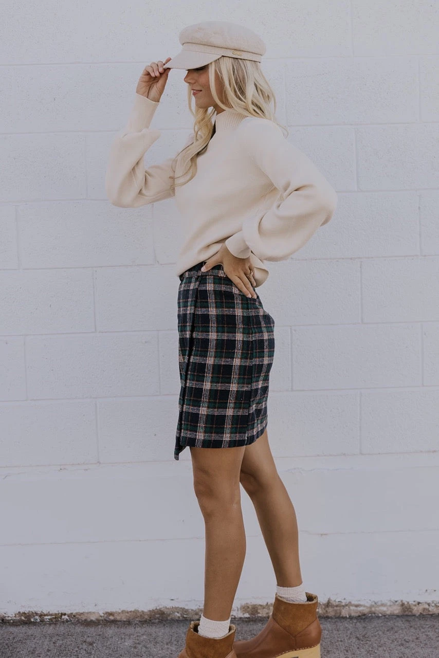 Plaid Faux Wrap Mini Skirt with Elastic Waist - Navy & Green 10 Plaid Faux Wrap Mini Skirt with Elastic Waist - Navy & Green - Image 8