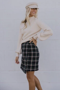 Plaid Faux Wrap Mini Skirt with Elastic Waist - Navy & Green