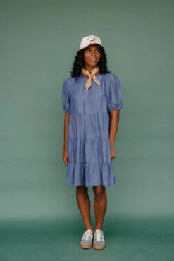 Tiered Puff Sleeve Denim Midi Dress with Pockets -ROOLEE FASHION SHOP 7W4A9186