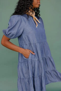 Tiered Puff Sleeve Denim Midi Dress with Pockets -ROOLEE FASHION SHOP 7W4A9197