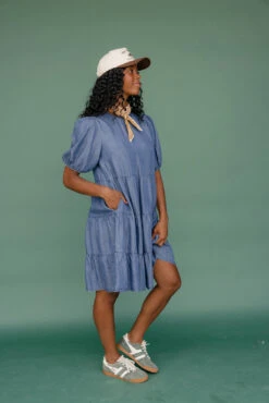 Tiered Puff Sleeve Denim Midi Dress with Pockets -ROOLEE FASHION SHOP 7W4A9203