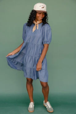 Tiered Puff Sleeve Denim Midi Dress with Pockets -ROOLEE FASHION SHOP 7W4A9216