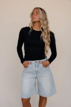 High-Rise Wide Leg Denim Bermuda Shorts with Raw Hem -ROOLEE FASHION SHOP 7W4A9412