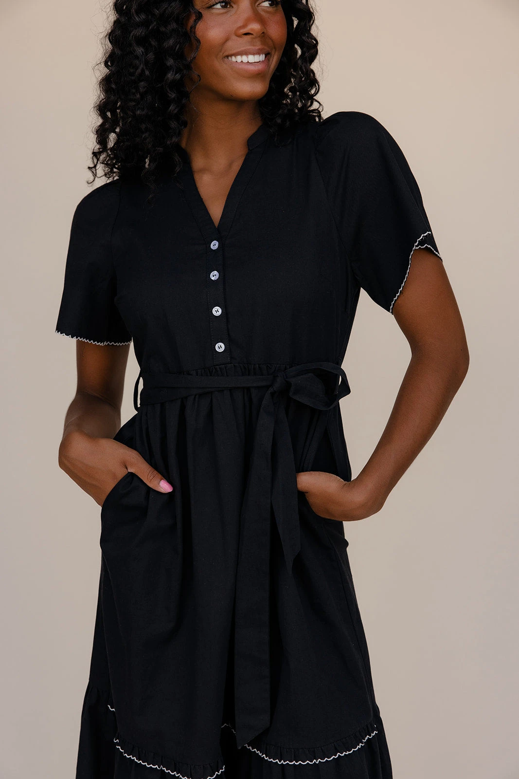 Black Lace Trim Maxi Dress with Statement Collar and Button Detail 4 Black Lace Trim Maxi Dress with Statement Collar and Button Detail - Image 2