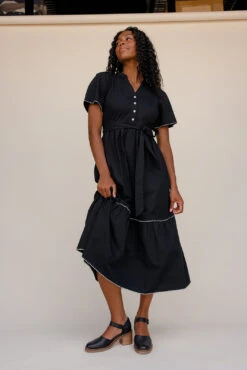 Black Lace Trim Maxi Dress with Statement Collar and Button Detail