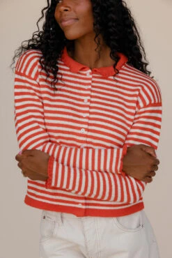Casual Red Striped Open Front Cardigan for Women -ROOLEE FASHION SHOP 7W4A9597
