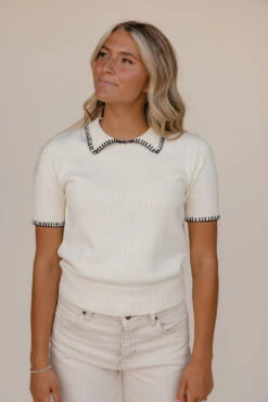 A+ Collared Knit Blouse with Contrast Stitched Detail -ROOLEE FASHION SHOP 7W4A9599