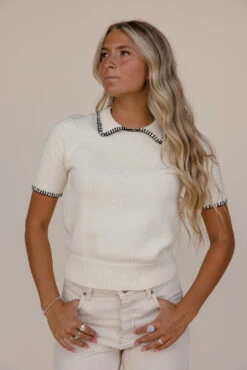 A+ Collared Knit Blouse with Contrast Stitched Detail -ROOLEE FASHION SHOP 7W4A9606