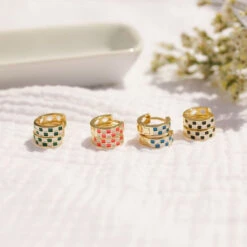 Pink & White Checkered Gold Filled Huggie Hoop Earrings -ROOLEE FASHION SHOP 94E47950 2257 416D 809B 39887A6BD73B