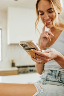 Plaid Wallet Phone Case with Kickstand and Finger Strap - Gold Picnic Design -ROOLEE FASHION SHOP AllisonQuistPhoto 1375