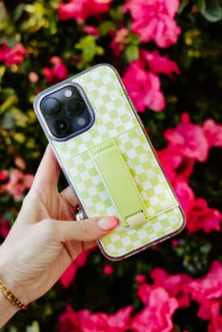 Lime Light Checkered Wallet Phone Case with Integrated Finger Loop and Kickstand