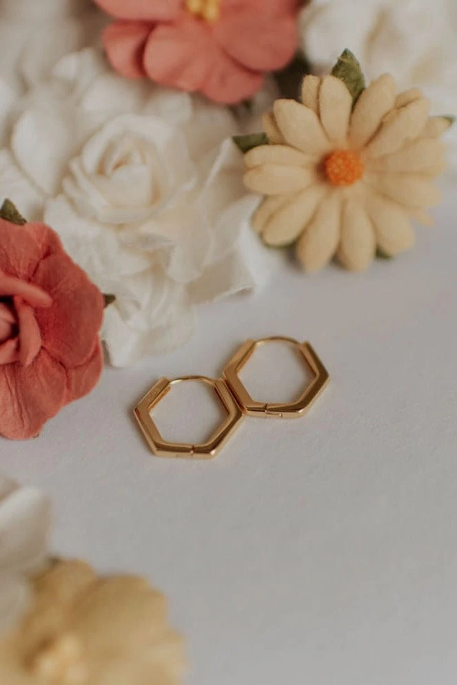 Hypoallergenic Hexagon Huggie Earrings in Gold and Silver 6 Hypoallergenic Hexagon Huggie Earrings in Gold and Silver - Image 4