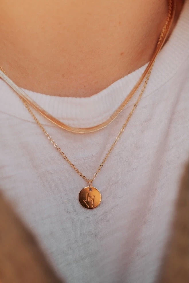 ASL I Love You Sign Language Disc Necklace - Gold Plated 4 ASL I Love You Sign Language Disc Necklace - Gold Plated - Image 2