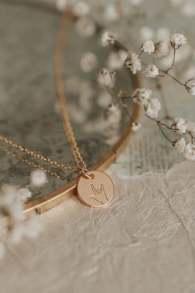 ASL I Love You Sign Language Disc Necklace - Gold Plated 3 ASL I Love You Sign Language Disc Necklace - Gold Plated