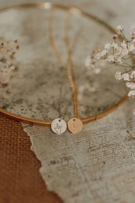 ASL I Love You Sign Language Disc Necklace - Gold Plated 7 ASL I Love You Sign Language Disc Necklace - Gold Plated - Image 5