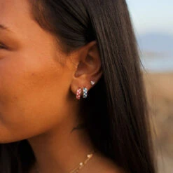 Pink & White Checkered Gold Filled Huggie Hoop Earrings -ROOLEE FASHION SHOP E12A64D8 50A5 4DE5 825F 79259B755BD9