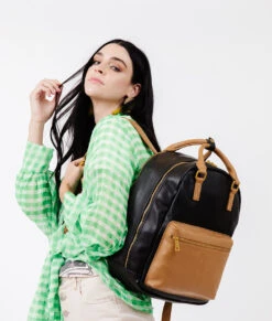 Fawn The Diaper Pack - Black / Tan Faux Leather Backpack -ROOLEE FASHION SHOP Fawn DiaperPack BlackTan 7