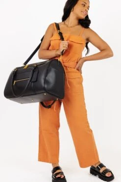 Black Faux Leather Weekender Bag - Premium Travel & Hospital Overnight Tote -ROOLEE FASHION SHOP Fawn Weekender Black 8