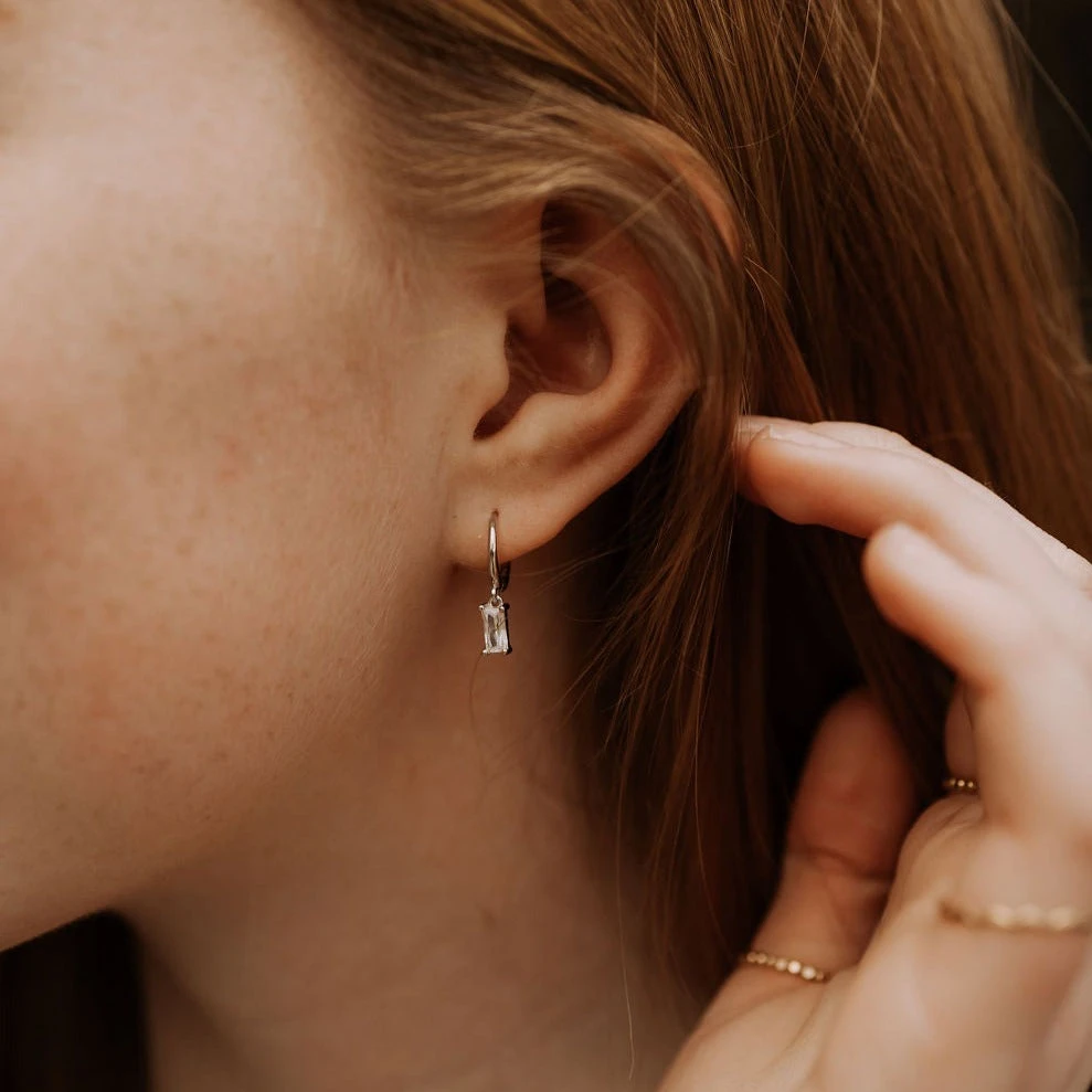 Baguette Diamond Dangle Hoops - Sophie Hypoallergenic Earrings 6 Baguette Diamond Dangle Hoops - Sophie Hypoallergenic Earrings - Image 4