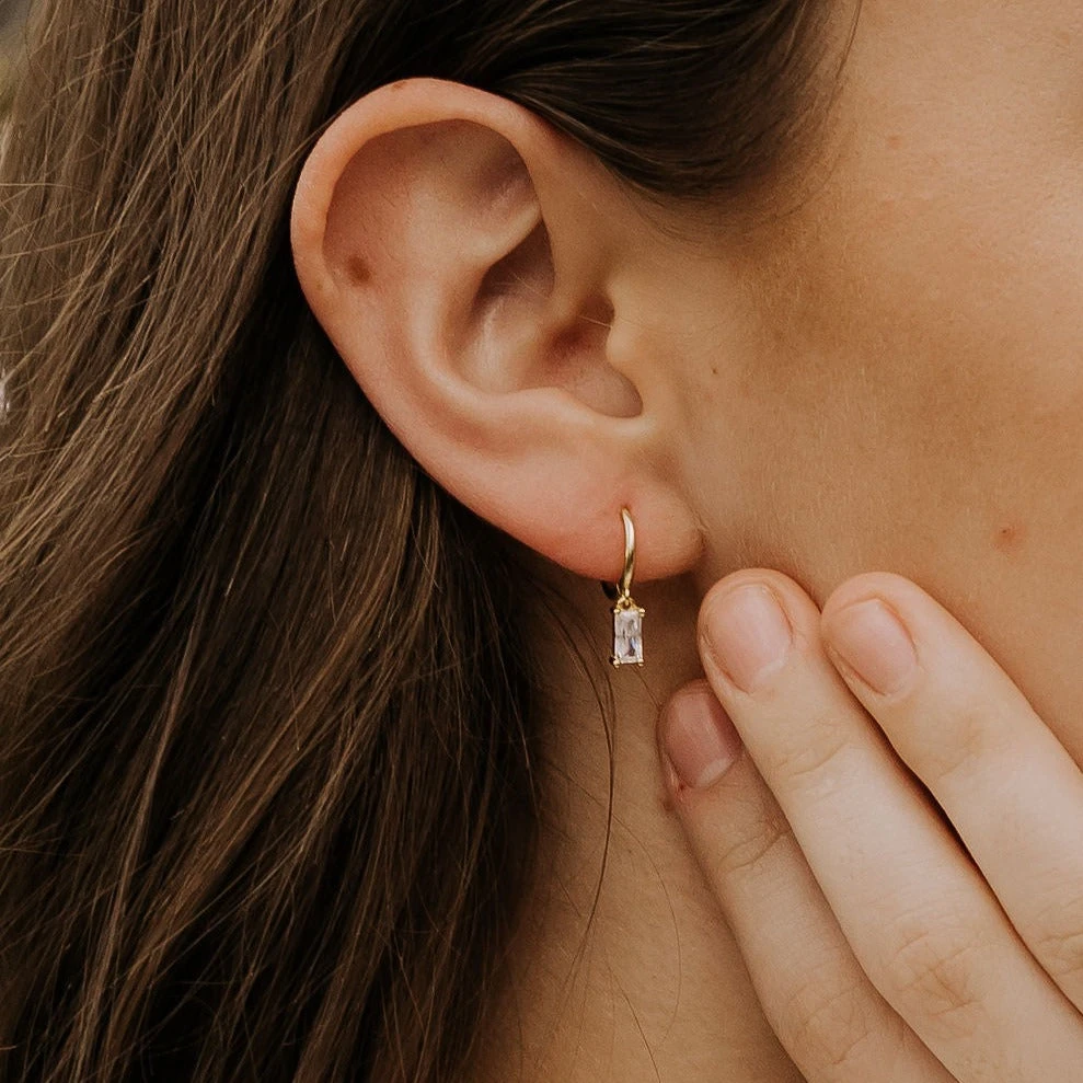 Baguette Diamond Dangle Hoops - Sophie Hypoallergenic Earrings 4 Baguette Diamond Dangle Hoops - Sophie Hypoallergenic Earrings - Image 2