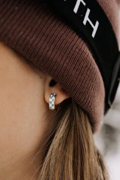 Blue and White Checkered Gold Filled Huggie Hoop Earrings -ROOLEE FASHION SHOP IMG 2243 c34c893e f0d6 4c82 b48b 1bbe3705a031