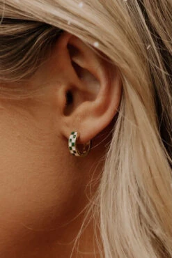 Green and White Checkered Gold Fill Huggie Hoop Earrings