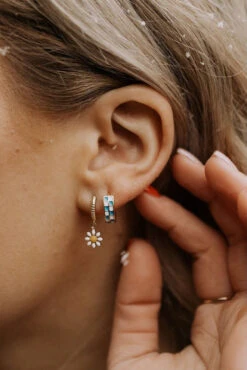 Blue and White Checkered Gold Filled Huggie Hoop Earrings
