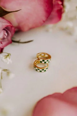 Green and White Checkered Gold Fill Huggie Hoop Earrings -ROOLEE FASHION SHOP IMG 4043 b81dcf91 b170 4ef0 9dec f9f991f00c97