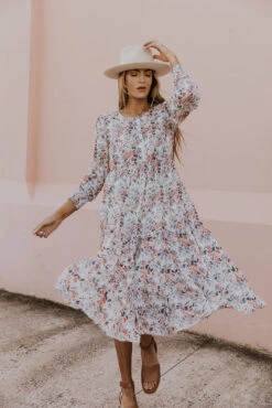 Floral Tiered Maxi Dress with Smocked Cuffs and Pearl Buttons
