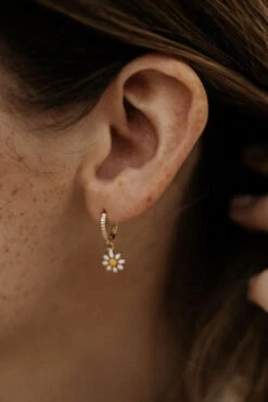 Daisy Floral Drop Hoop Earrings in Gold Vermeil
