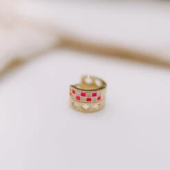 Pink & White Checkered Gold Filled Huggie Hoop Earrings