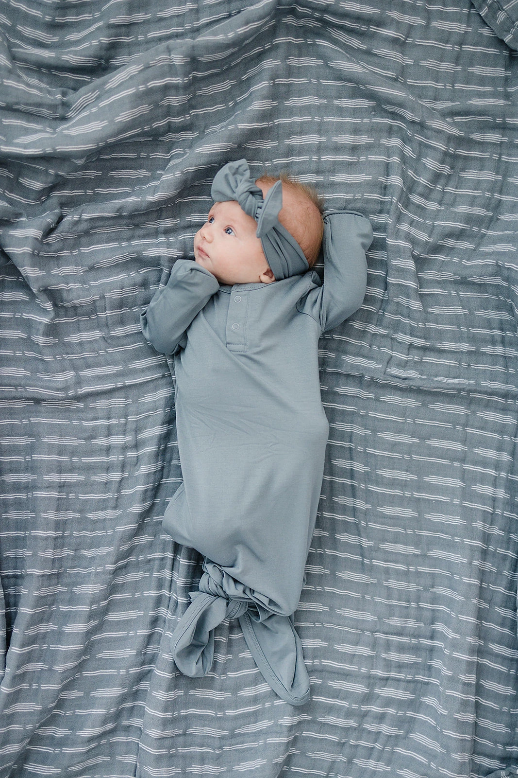 Dusty Blue Bamboo Baby Head Wrap - Adjustable Newborn to Toddler Bow 3 Dusty Blue Bamboo Baby Head Wrap - Adjustable Newborn to Toddler Bow