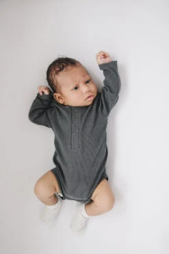 Charcoal Organic Snap Long Sleeve Ribbed Baby Bodysuit