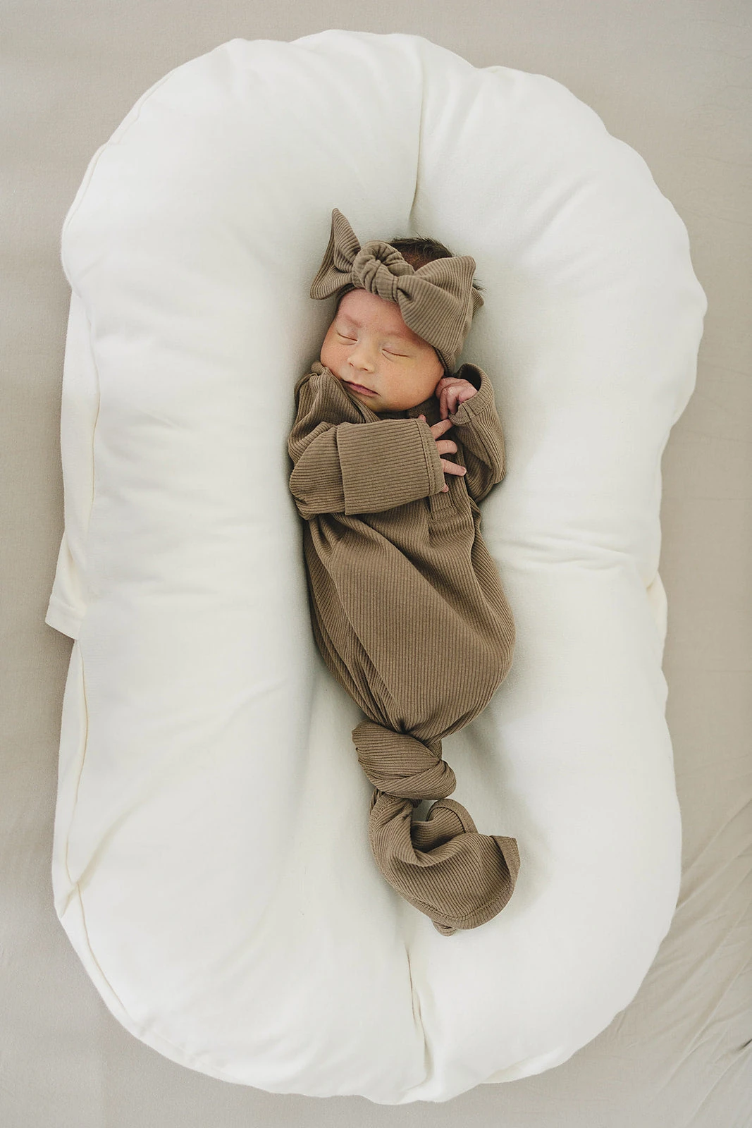 Organic Cotton Ribbed Knot Gown - Cocoa Newborn Sleeper 3 Organic Cotton Ribbed Knot Gown - Cocoa Newborn Sleeper