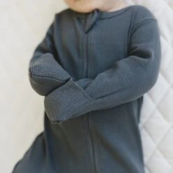 Organic Cotton Ribbed Baby Zipper Pajamas - Charcoal Gray Sleeper -ROOLEE FASHION SHOP NEP 9150 websize