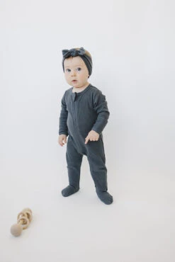 Organic Cotton Ribbed Baby Zipper Pajamas - Charcoal Gray Sleeper -ROOLEE FASHION SHOP NEP 9204 websize