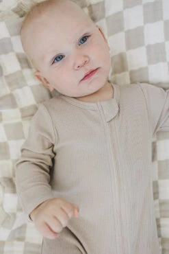 Oatmeal Organic Cotton Ribbed Double Zipper Baby Footie Pajamas -ROOLEE FASHION SHOP NEP 9430 websize