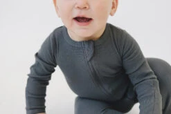 Organic Cotton Ribbed Baby Zipper Pajamas - Charcoal Gray Sleeper -ROOLEE FASHION SHOP NEP 9446 websize