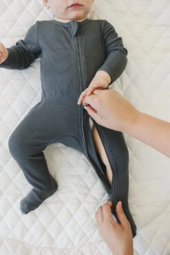 Organic Cotton Ribbed Baby Zipper Pajamas - Charcoal Gray Sleeper -ROOLEE FASHION SHOP NEP 9460 websize