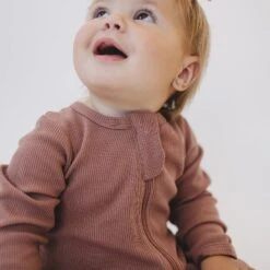 Dusty Rose Organic Cotton Ribbed Baby Zipper Footie Pajamas -ROOLEE FASHION SHOP NEP 9724 websize