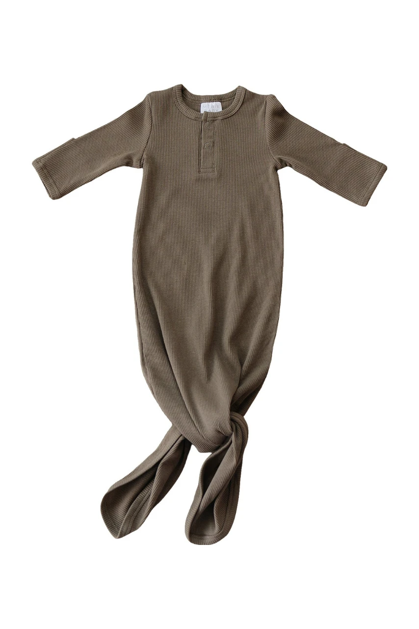Organic Cotton Ribbed Knot Gown - Cocoa Newborn Sleeper 4 Organic Cotton Ribbed Knot Gown - Cocoa Newborn Sleeper - Image 2