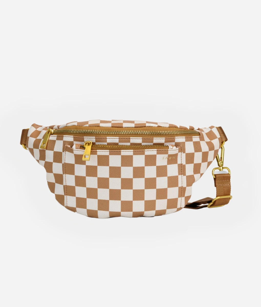 Tan Checkered Vegan Leather Fawny Pack - Hands-Free Crossbody Bag 3 Tan Checkered Vegan Leather Fawny Pack - Hands-Free Crossbody Bag