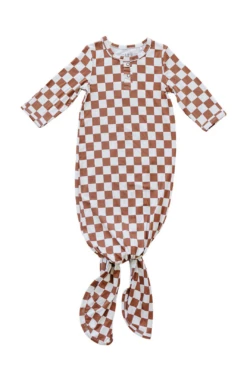 Rust Checkered Bamboo Knot Gown - Ultra-Soft Newborn Sleepwear