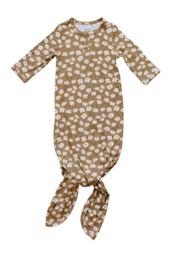 Mustard Floral Bamboo Knotted Baby Gown - Ultra-Soft Newborn Sleeper