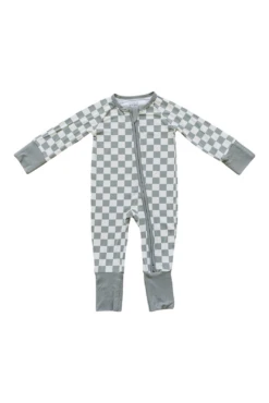 Light Green Checkered Bamboo Baby Zipper Pajamas - Soft Footie Sleeper