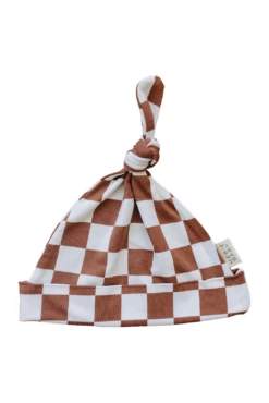 Newborn Bamboo Knot Hat - Soft Rust Checkered Baby Cap