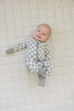 Light Green Checkered Bamboo Baby Zipper Pajamas - Soft Footie Sleeper -ROOLEE FASHION SHOP Z4A0711 websize