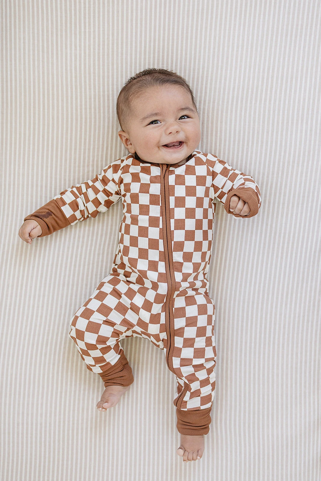 Mebie Baby Rust Checkered Ribbed Bamboo Zipper Pajamas 4 Mebie Baby Rust Checkered Ribbed Bamboo Zipper Pajamas - Image 2