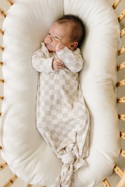 Taupe Checkered Bamboo Knot Gown - Ultra-Soft Newborn Sleeper