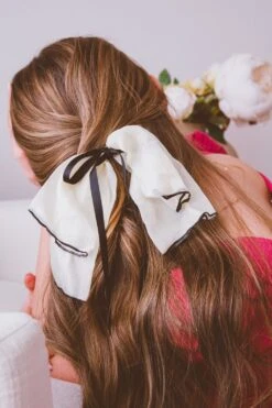 Athena Cream Chiffon and Satin Bow Hair Clip with Ribbon Tail